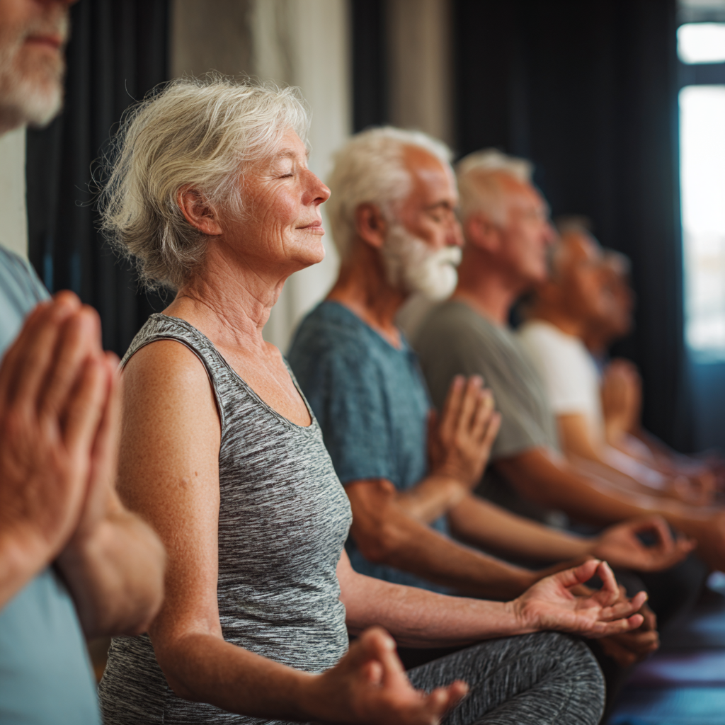 Senior adults practicing gentle yoga movements in peaceful studio setting